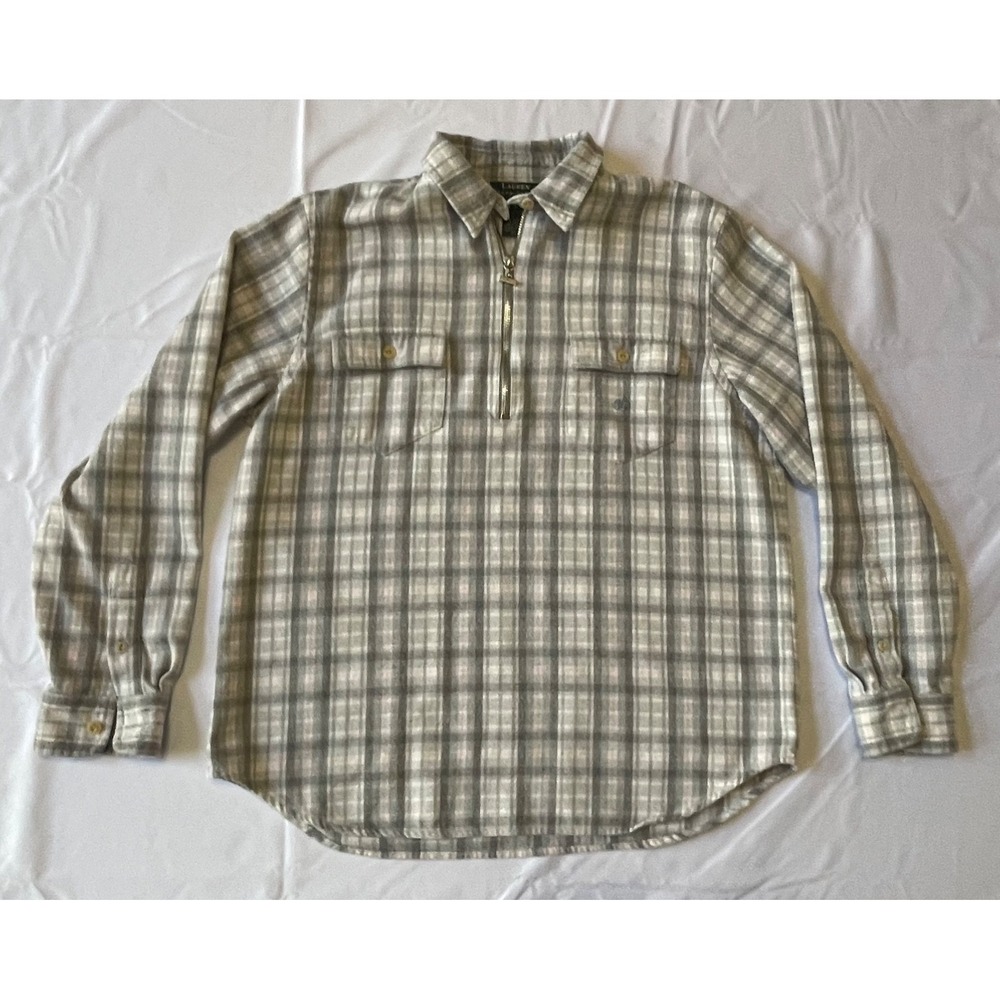 Lauren Ralph Lauren Gray  Pink Flannel Plaid ½-Zip Pullover Shirt Women's Size L